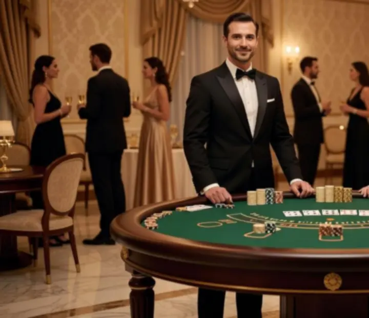 Elegancki stół blackjackowy podczas eventu z gośćmi bawiącymi się przy kartach i żetonach