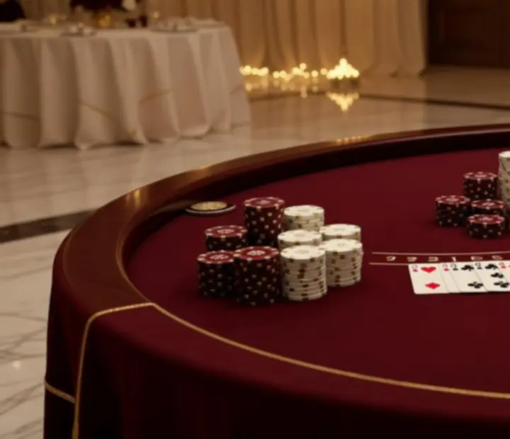 Nowoczesny stół blackjackowy z elegancką dekoracją i oświetleniem podczas eventu