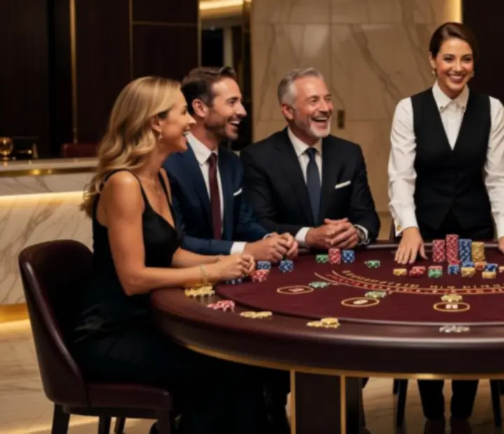 Stół do blackjacka z uśmiechniętymi uczestnikami podczas eventu