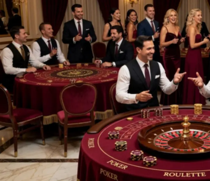 Elegancki wieczór Casino Night z oświetlonymi stołami do gier i gośćmi przy stolikach