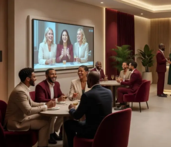 Goście w strefie integracyjnej podczas eleganckiego eventu, rozmawiający przy stołach z grami