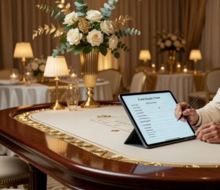 Koordynator eventu omawia szczegóły pokerowego wieczoru przy eleganckim stole