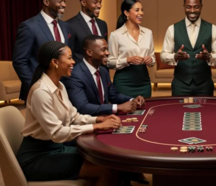 Elegancki stół pokerowy NAXSOL ENTERPRISES LTD podczas eventu z uśmiechniętymi gośćmi