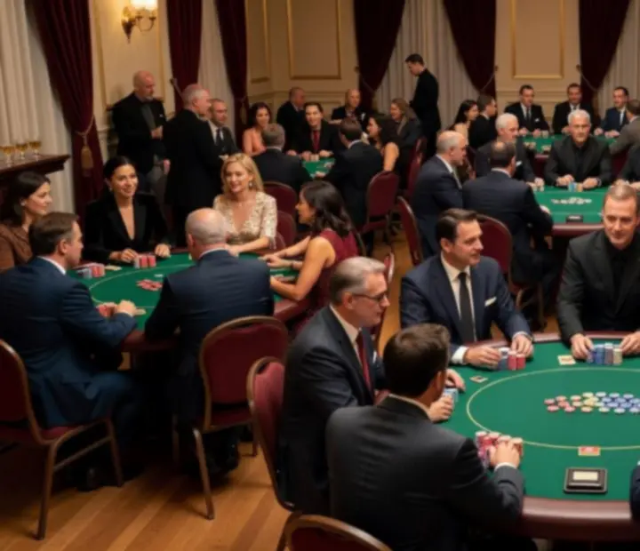 Goście bawiący się przy kilku stołach pokerowych na eleganckim evencie