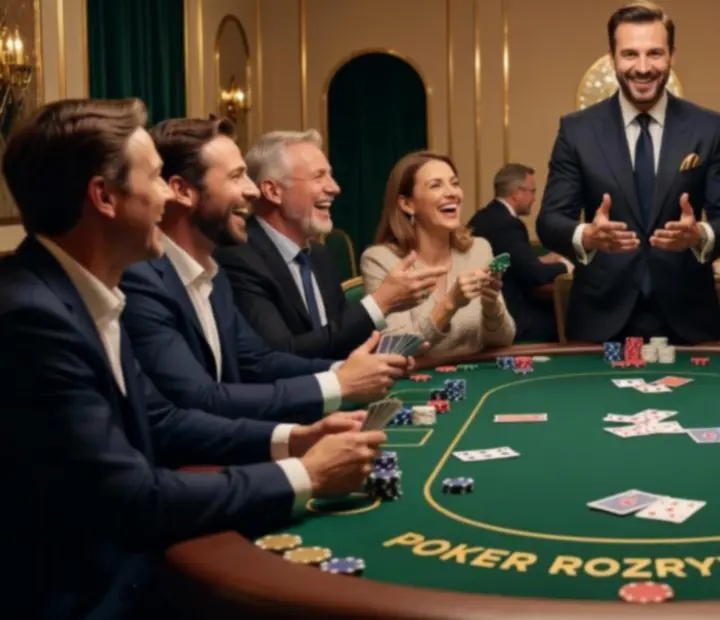Grupa gości bawiących się przy stole pokerowym z animatorem i symbolicznymi żetonami