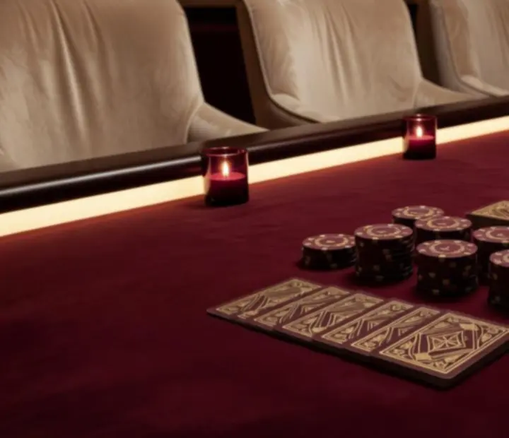 Profesjonalny stół pokerowy przygotowany na event z eleganckimi żetonami i kartami