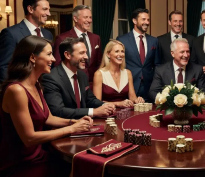 Goście przy eleganckim stole pokerowym podczas eventu towarzyskiego