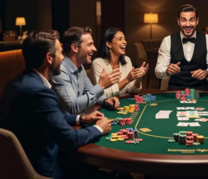 Goście biorący udział w pokerze eventowym przy eleganckich stołach