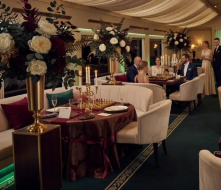 Scenografia tematyczna z eleganckimi stołami, dekoracjami i oświetleniem na evencie