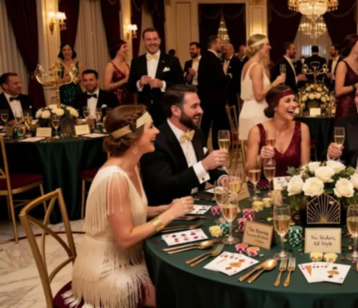 Firmowy wieczór tematyczny z elegancką scenografią, światłem i gośćmi w stylowych kreacjach